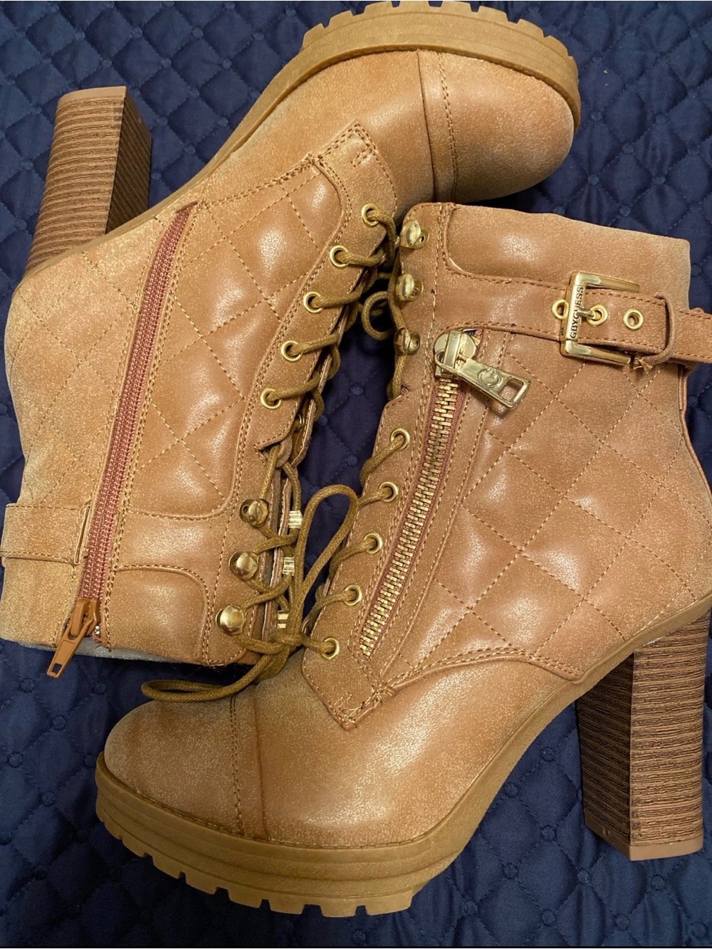 G by Guess Women's Quilted Lace-Up Tan Heeled Ankle Boots